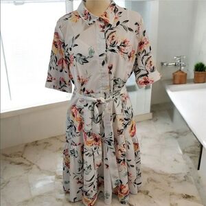 Calvin Klein Dress w Belt White Floral Midi Length Attached Slip Button Up Sz 14